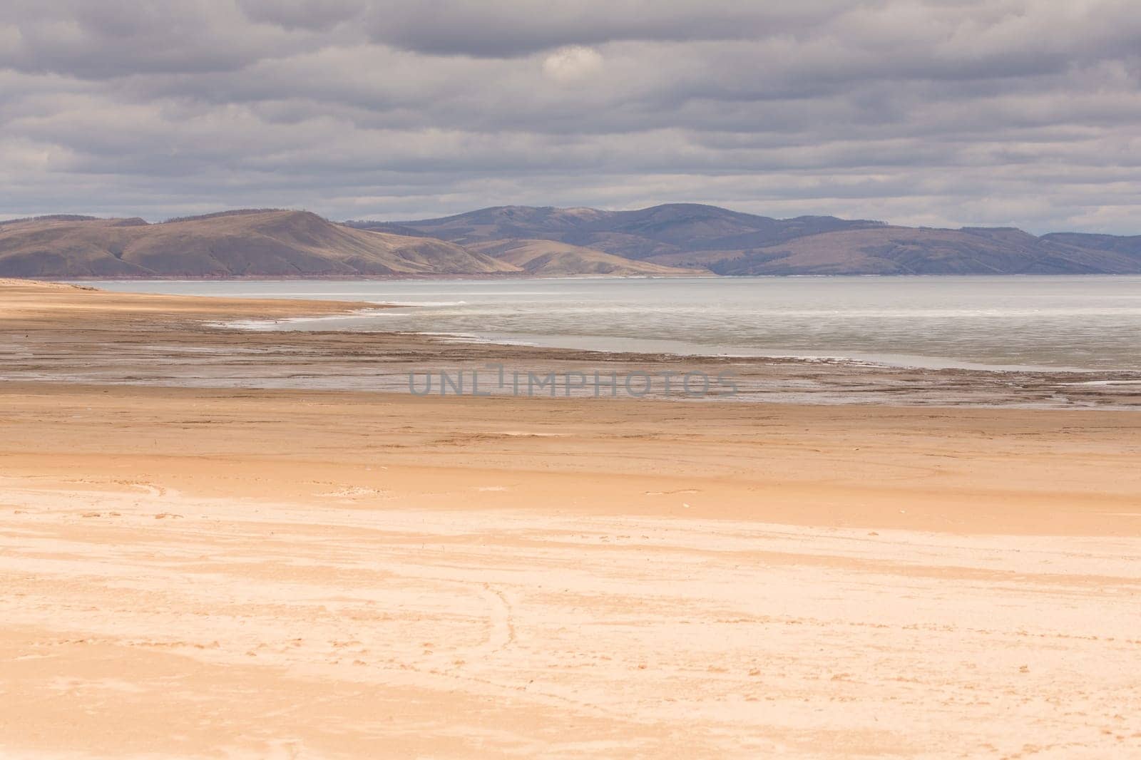 A sandy beach on the bank of the Yenisei River.Republic of Khakassia