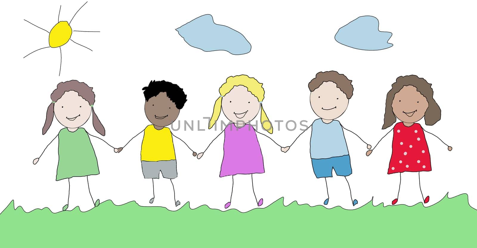 Happy children holding hands on a meadow, sun is shining, drawing