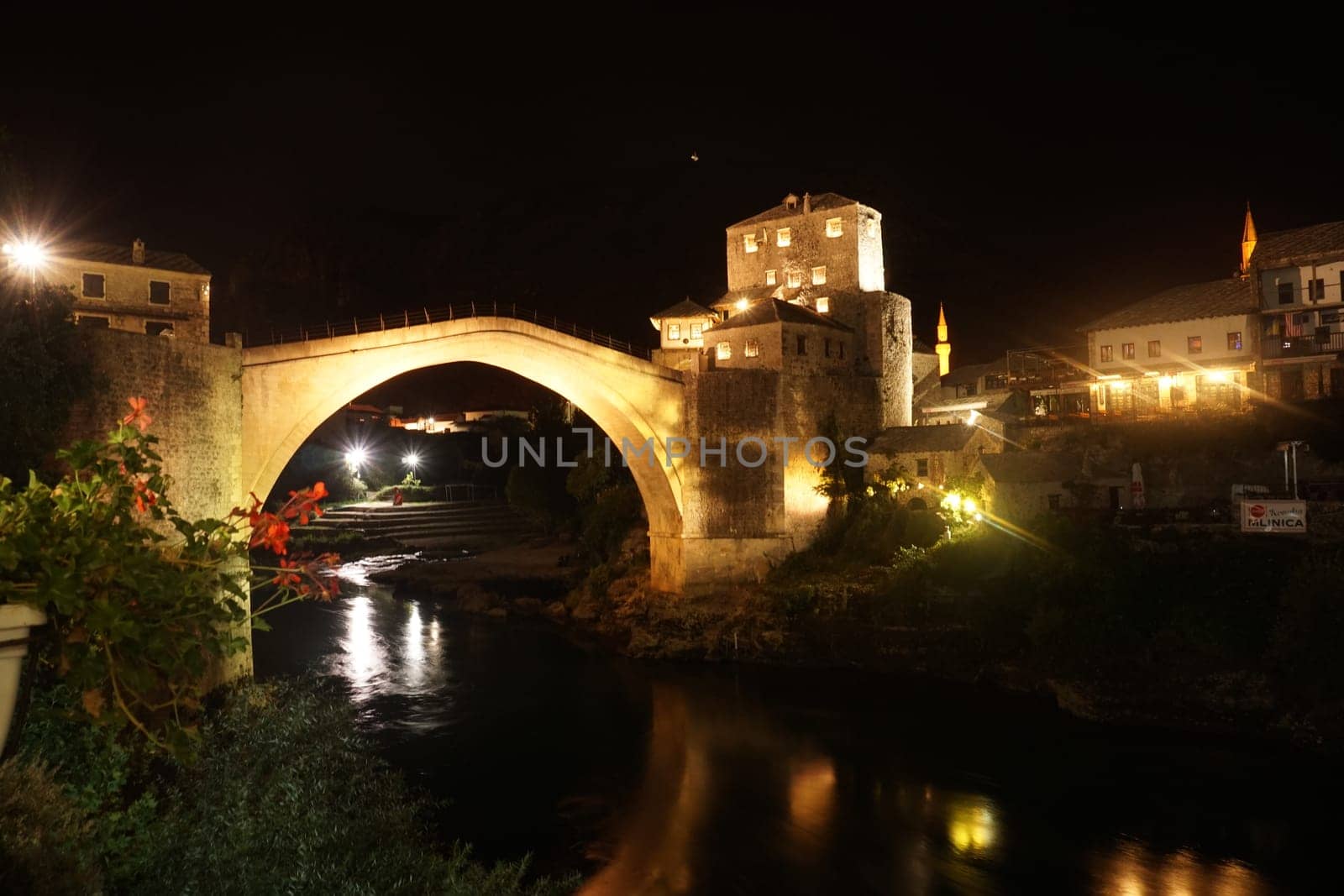 View on the famous bridge in Mostar at night, 2020