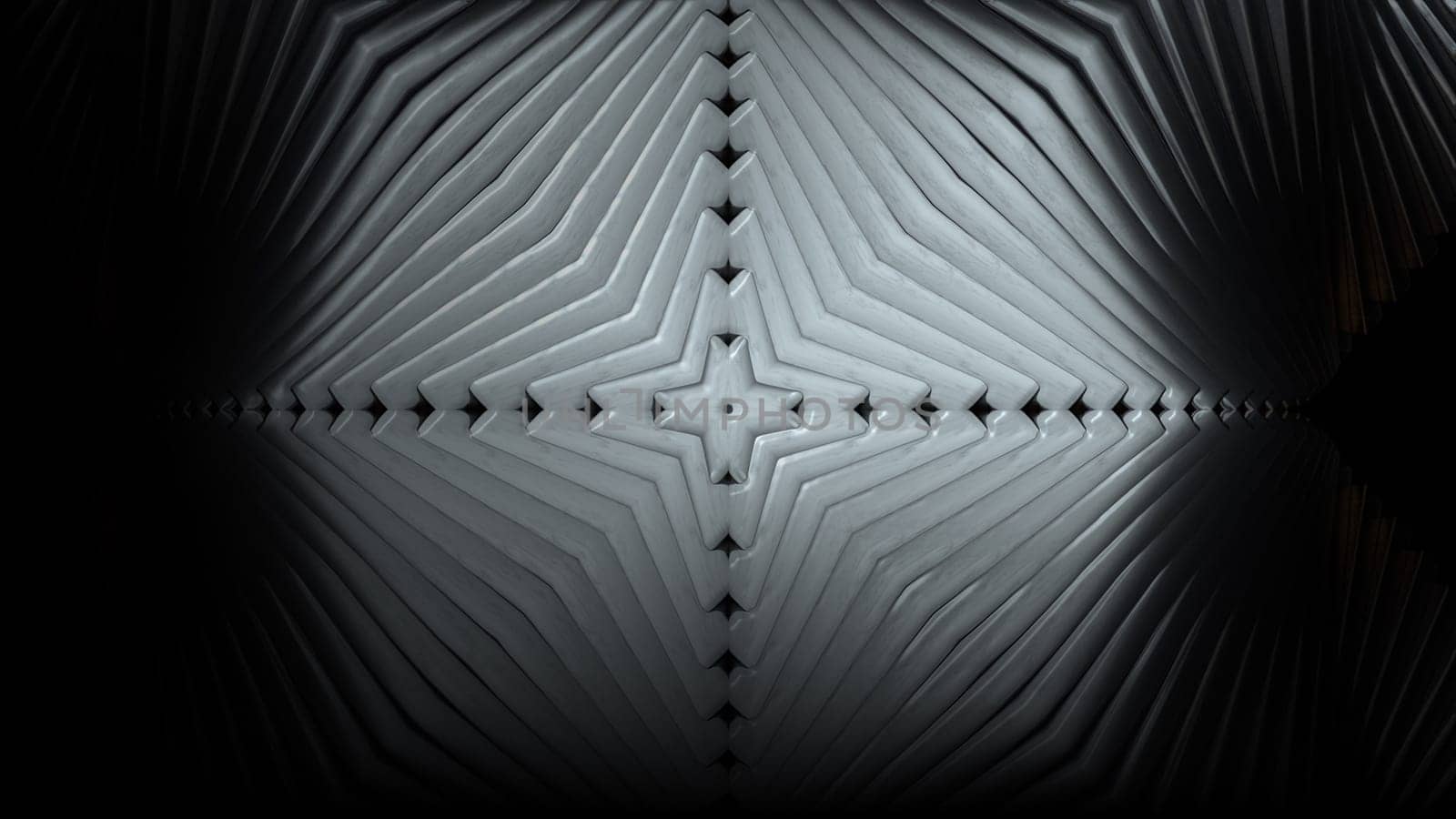 Abstract 3d render waves flow towards central steel cross. Chrome plated geometric tracery in futuristic industrial decoration. Modern corrugated structure with rotation.