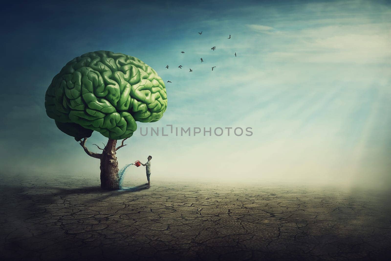 Surreal brain tree in a desolate land and a determined person watering it using a sprinkling can. Man splashes the green shrub using a water pot, taking care of mental health. Human mind concept