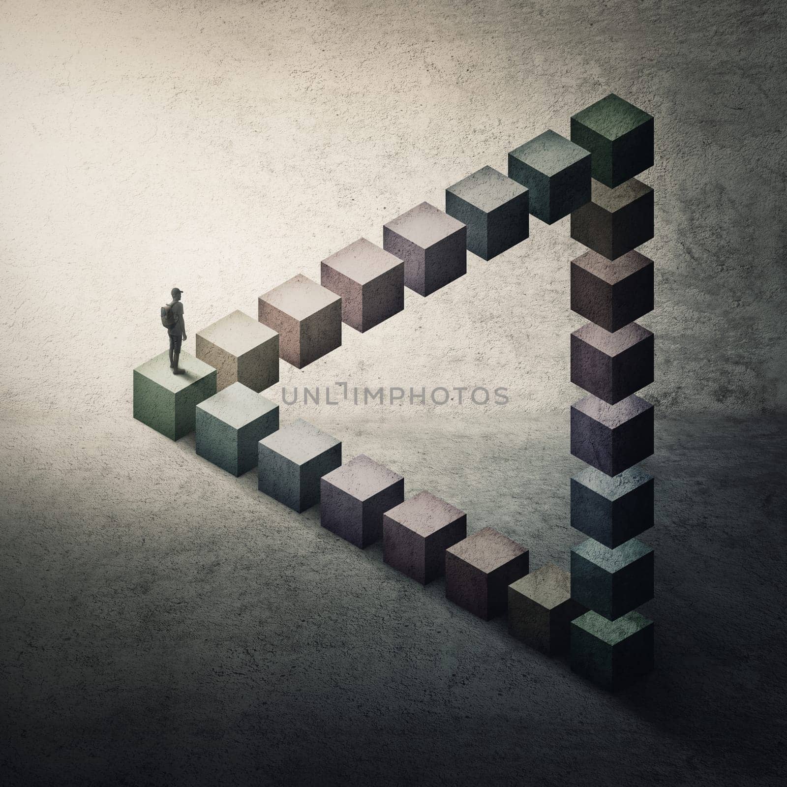 Lost and confused man walks puzzled on a penrose triangle. Perplexed person looks disoriented ahead, don't know wich way to choose. Surreal and conceptual scene, mental maze, optical illusion