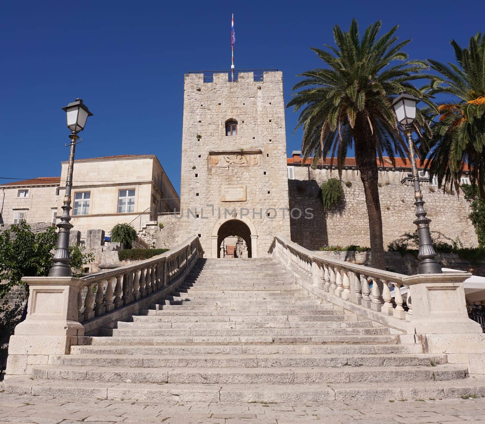 Stairs leading to gate of Korcula, entrance to the walled old town, Croatia 2020