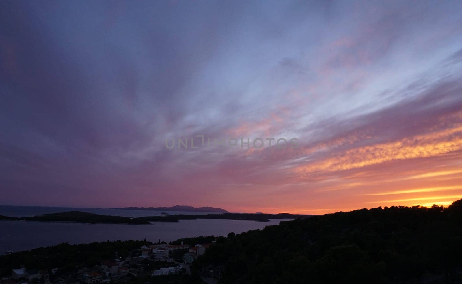 Beautiful sunset above the island of Hvar, Croatia 2020