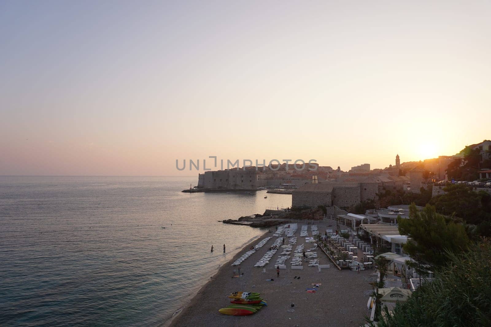 View onto Banje beach in Dubrovnik before sunset, Croatia 2020