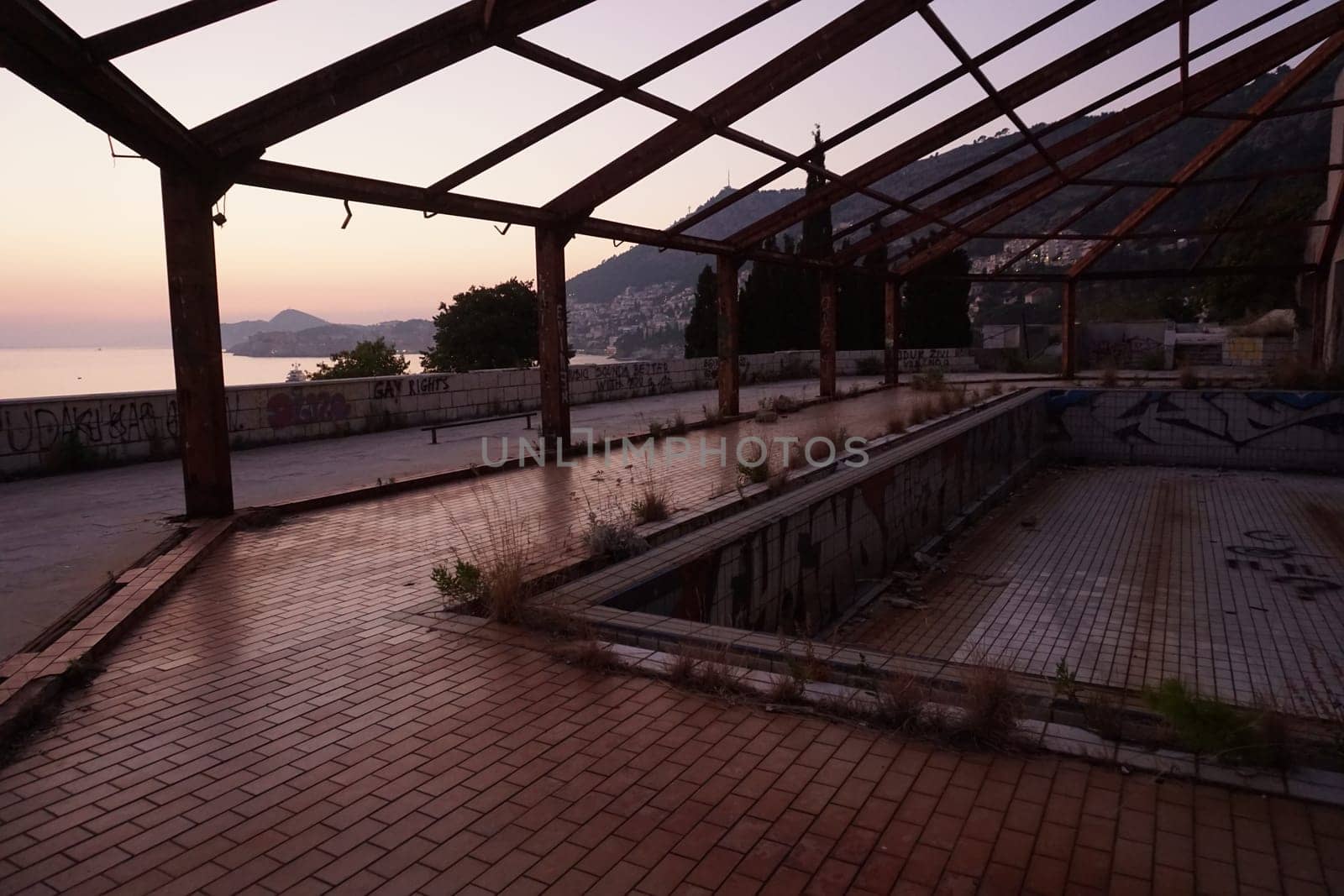 View from the pool area of an abandoned hotel outside of Dubrovnik, Croatia 2020