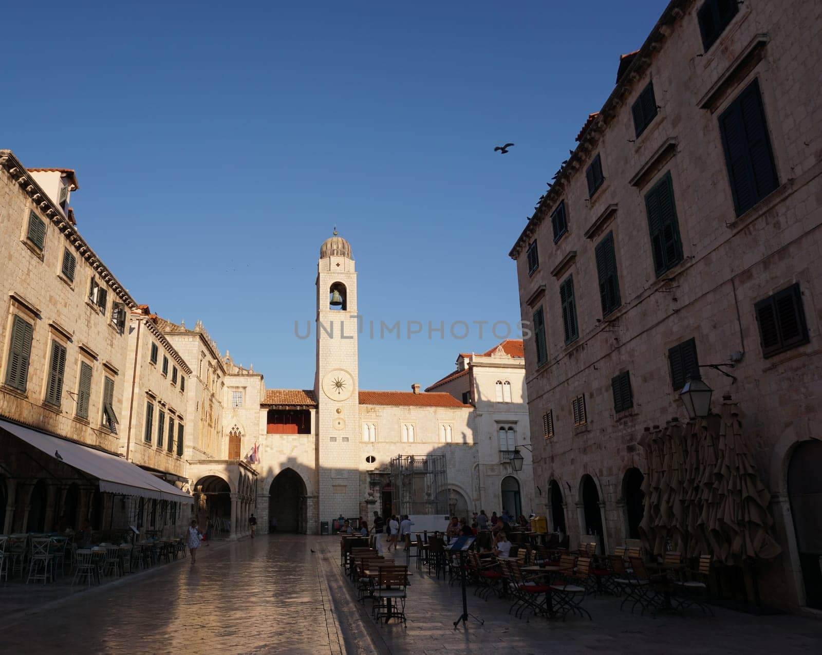 Dubrovnik's main street with the famous clock tower in the background, Croatia 2020