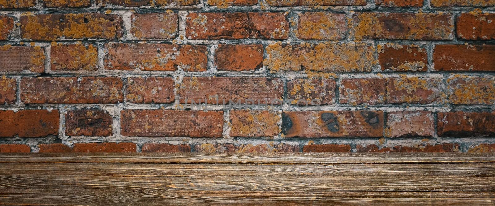 The background is blank wooden boards and a textured brick wall with lighting and vignetting. For product demonstrations, free space, layout, mockup, perspective board, background board.