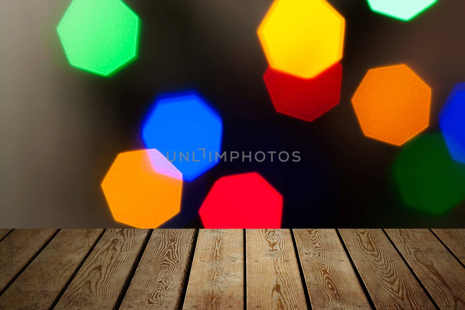 The background is an empty wooden board and a wall of blurred bokeh lights. For product demonstrations, free space, layout, mockup, perspective board, background board.