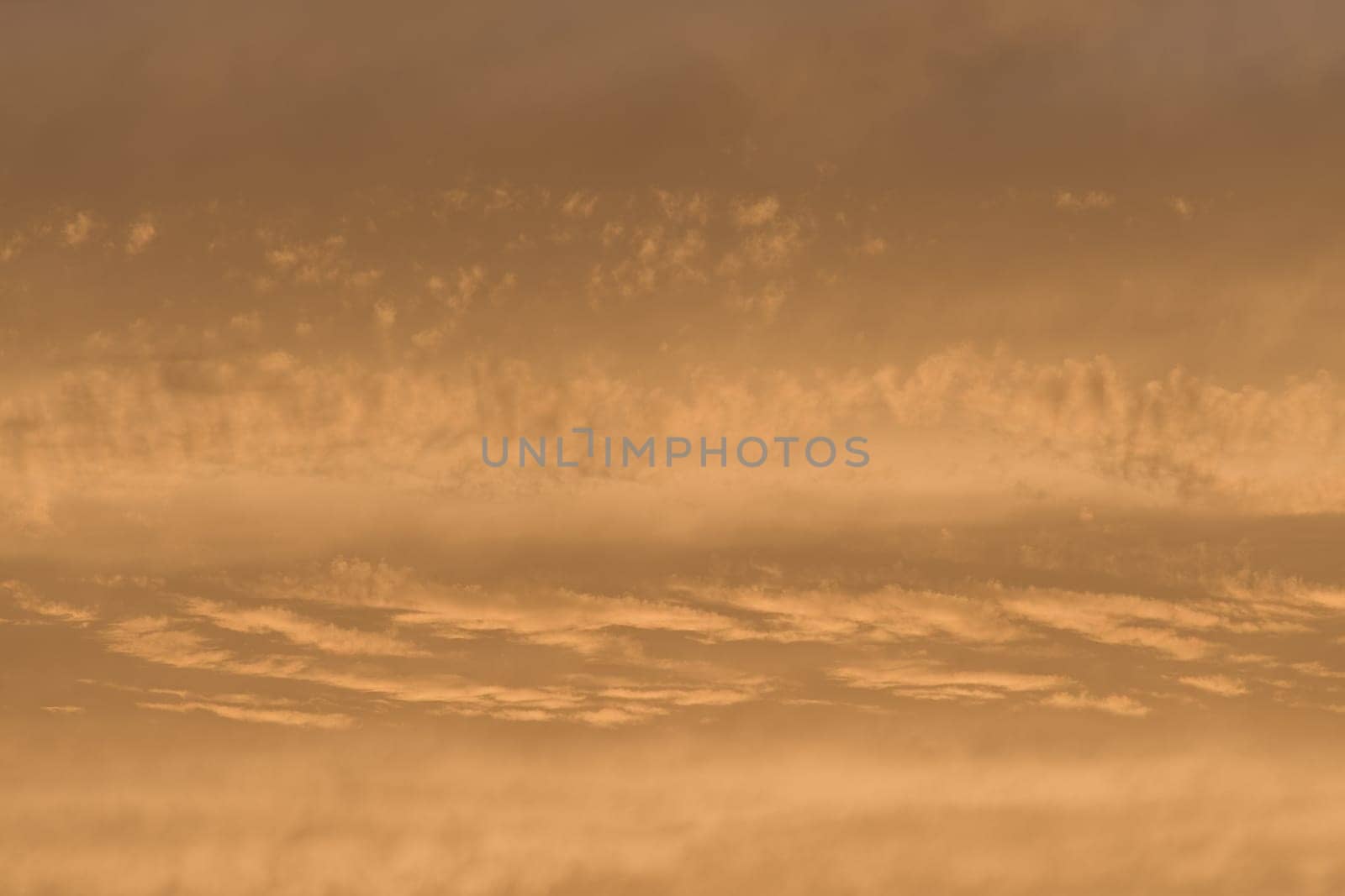 Sky and clouds in rich golden colours. Telephoto image of part of a sunset. Abstract cloud themed background with copy space. Warm evening feeling.
