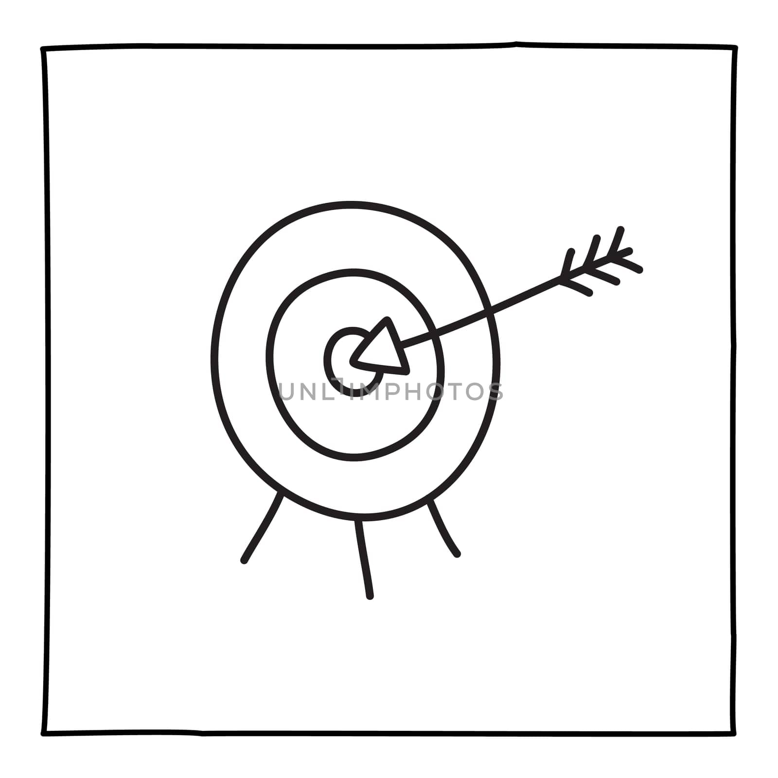 Doodle target icon or logo, hand drawn with thin black line. Isolated on white background. Vector illustration