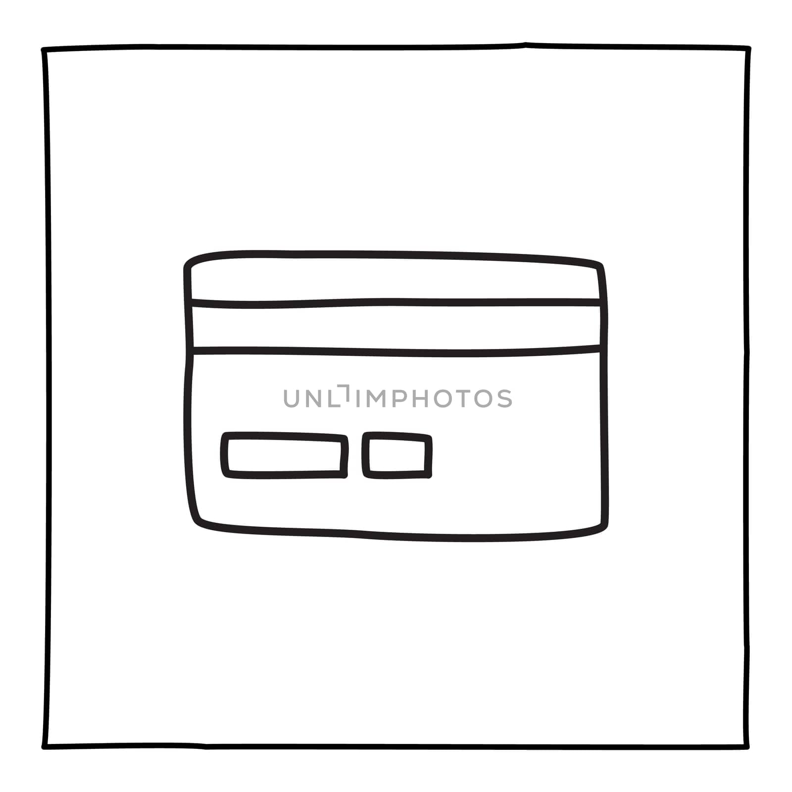 Doodle credit card or logo, hand drawn with thin black line. Isolated on white background. Vector illustration