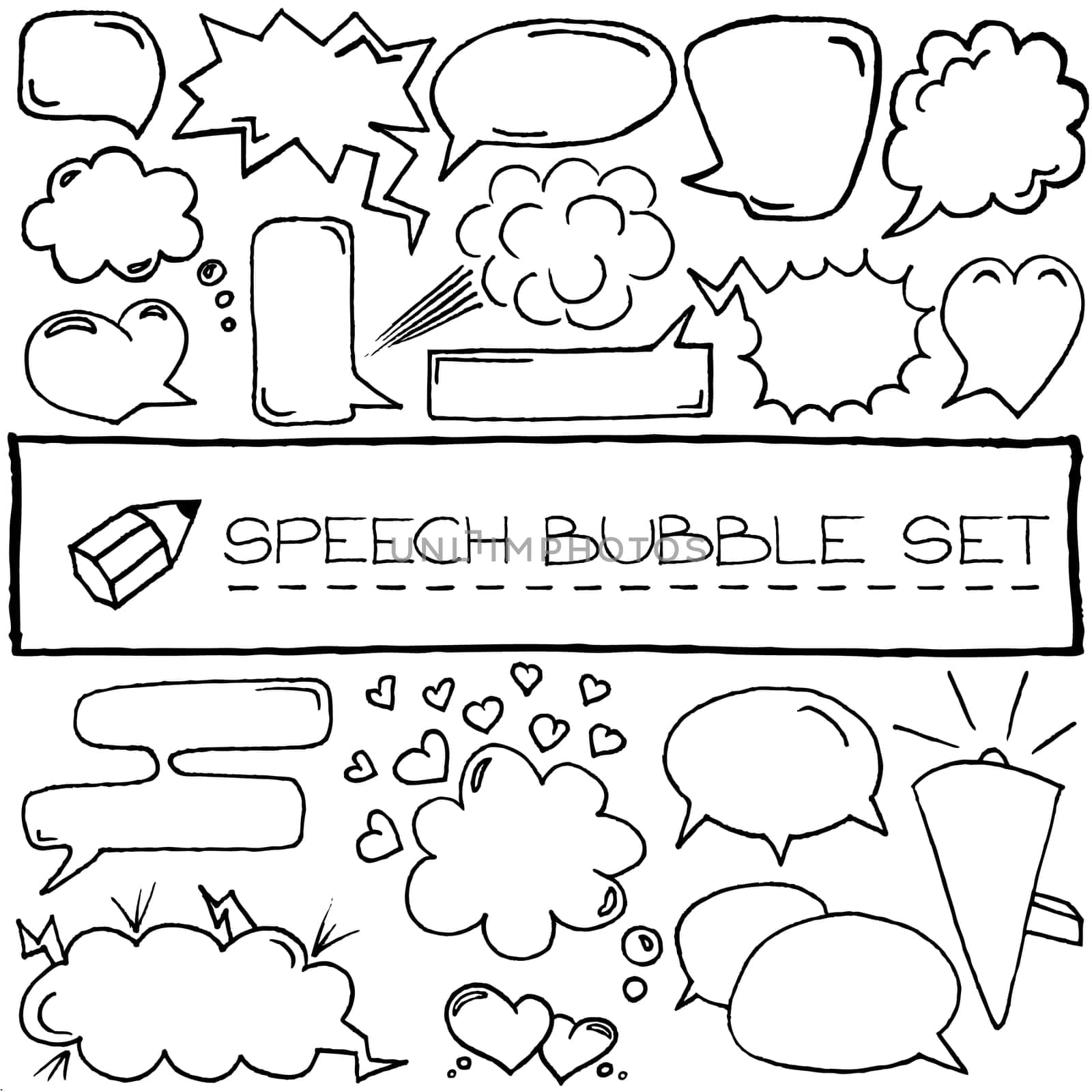 Hand drawn speech bubbles with hearts and clouds. Vector illustration.