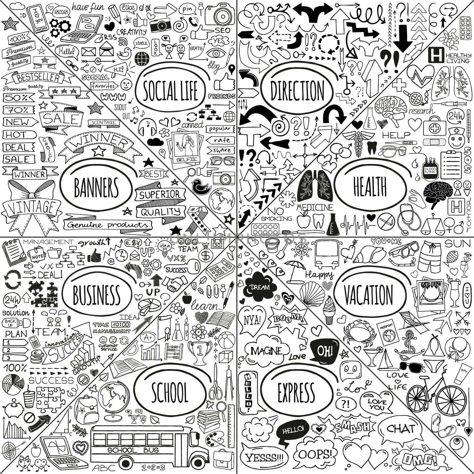 Mega set of doodle social, business, medicine, vacation and school icons, banners, arrows and speech bubbles. Hand drawn designer elements. Vector illustration