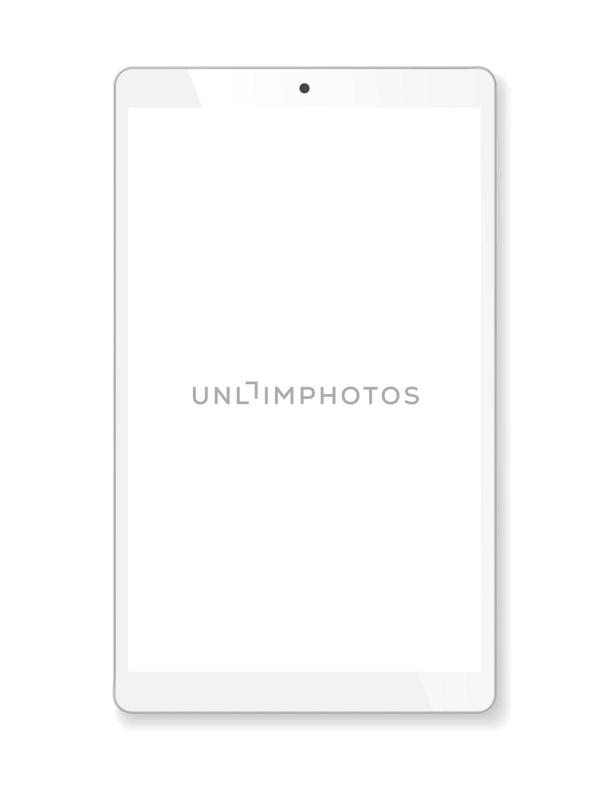 Realistic tablet portable computer. Contemporary white gadget. Graphic design element for catalog, web site, as blank mockup, demonstration template. Isolated on white background. Vector illustration.