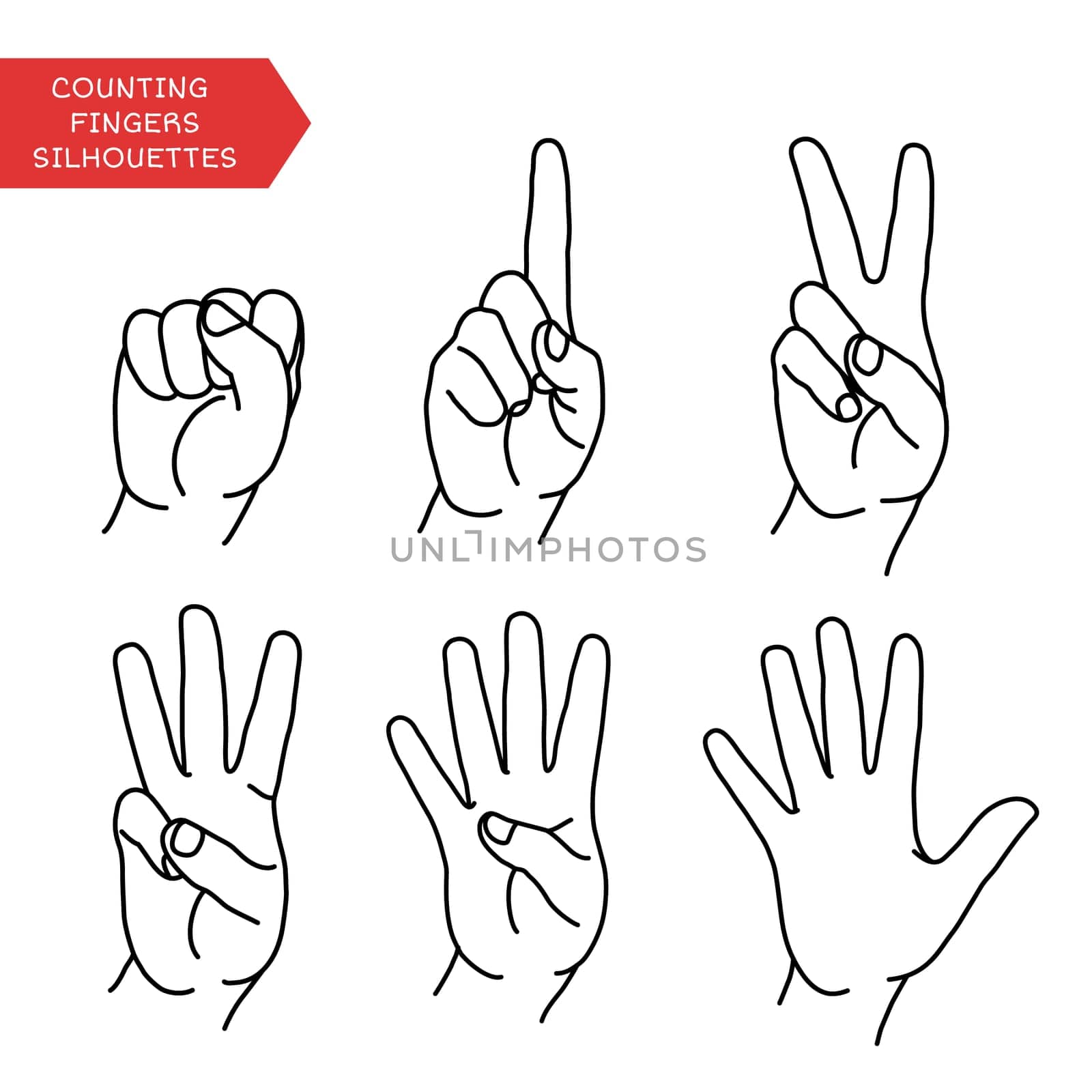 Counting hands showing different number of fingers. Graphic design element for teaching math to young children as school printout. Great for showing numbers on your design in a fun and creative way.