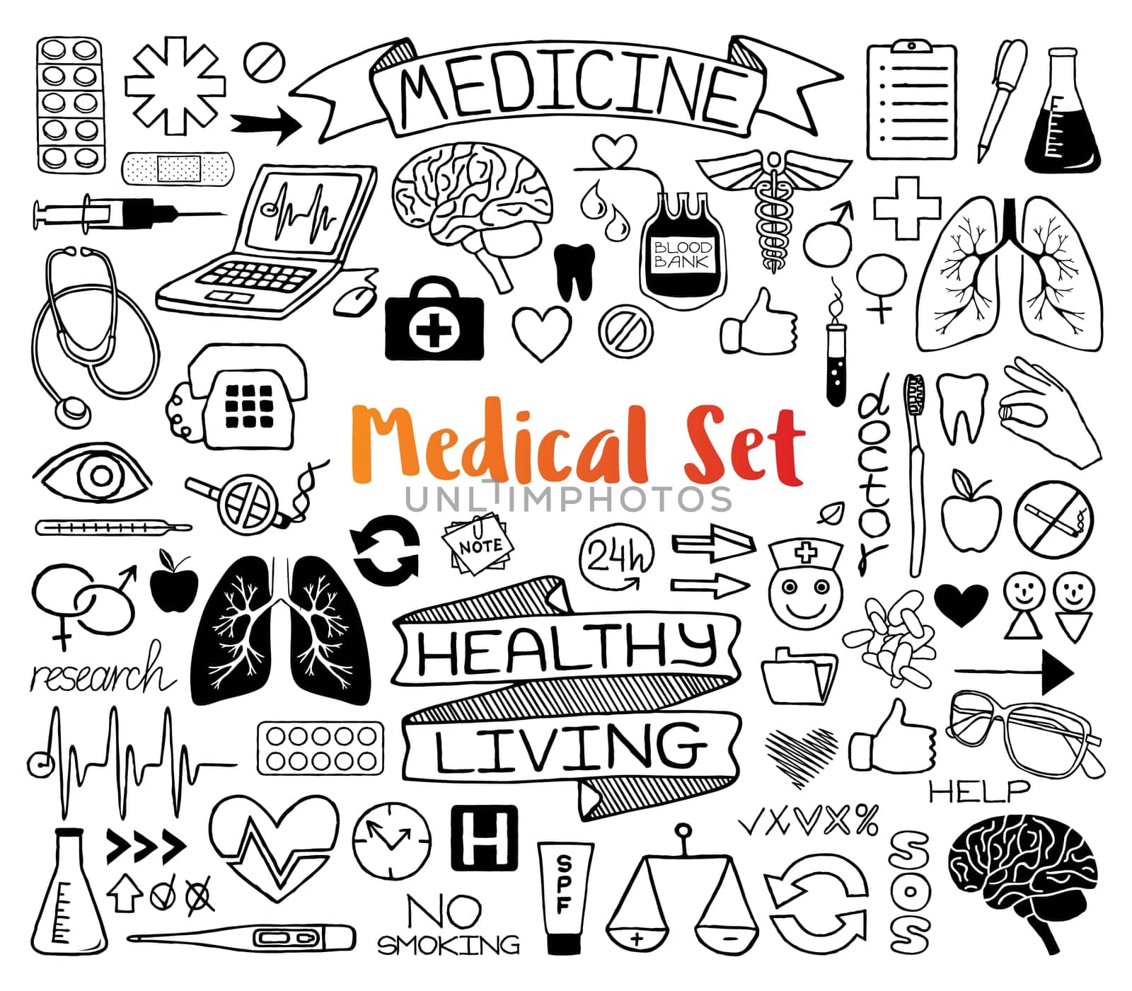 Medical doodles set of icons with science tools, human organs, diagrams etc, hand drawn with thin line. Vector illustration isolated on white background
