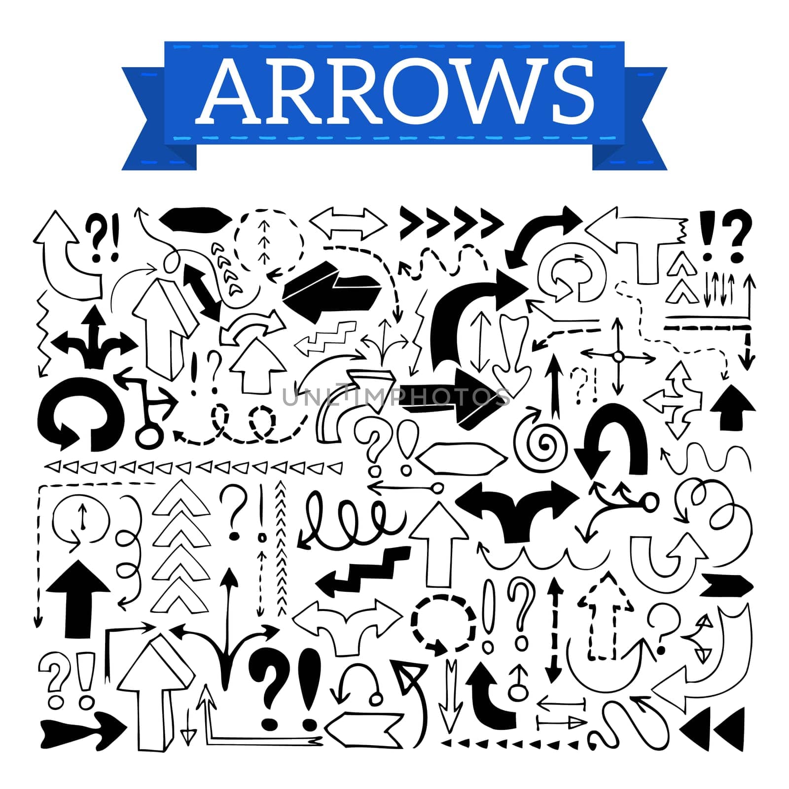 Doodle arrows, exclamation signs and question marks isolated on white background. Vector illustration