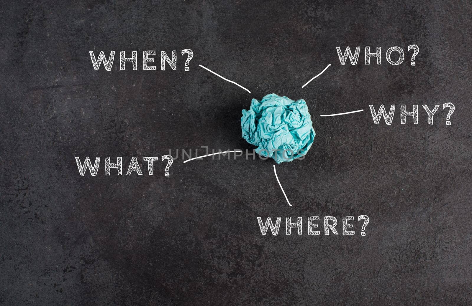 Crumpled up paper on a blackboard, brainstorming, new idea, why, what, who?