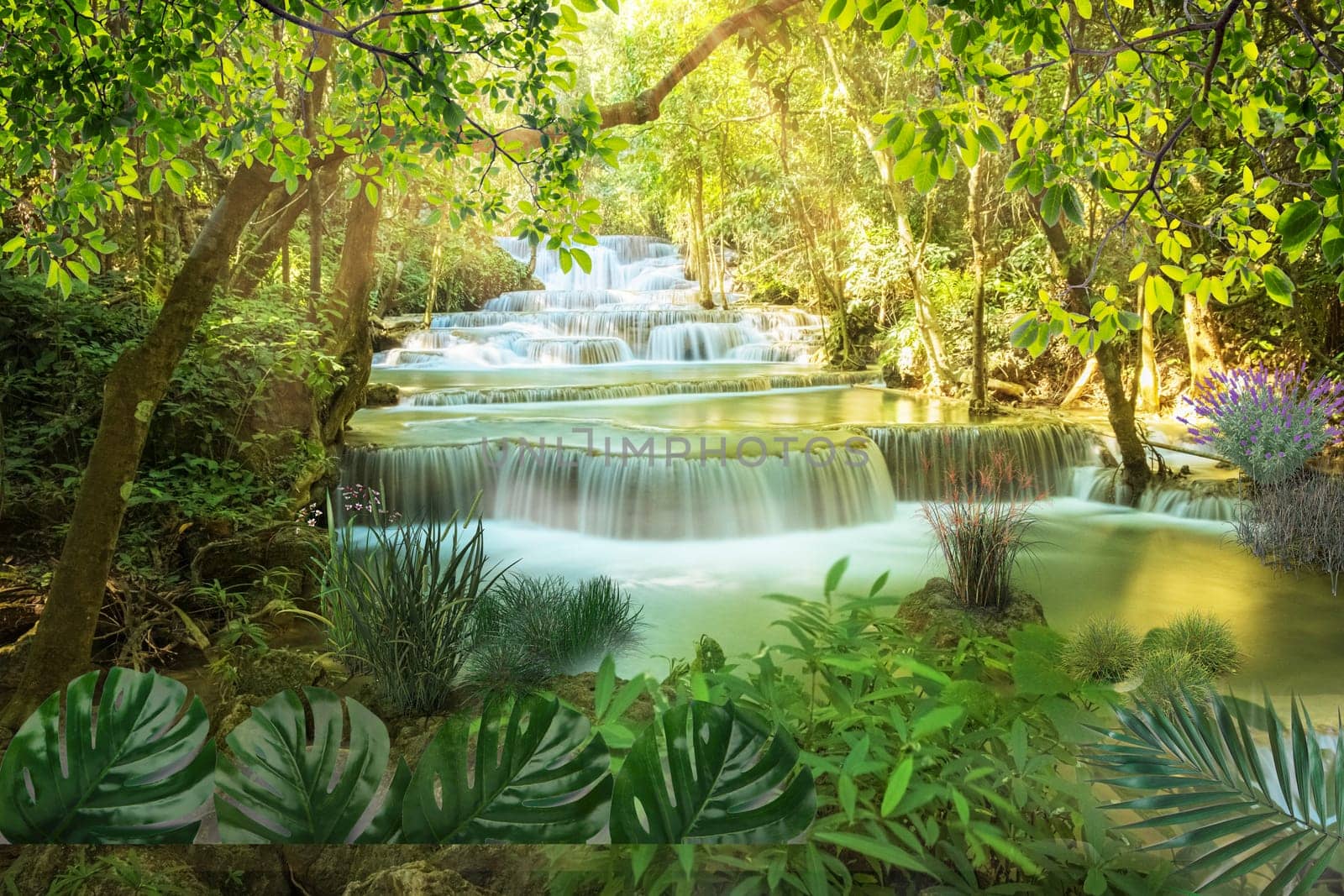 Huay Mae Khamin waterfall in Kanchanaburi, Thailand South east asia Jungle landscape with amazing turquoise water of cascade waterfall at deep tropical rain forest. travel landscape and destinations