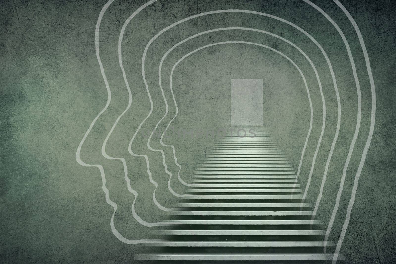 Stairway to the light, silhouttes of faces building a tunnel, traveling