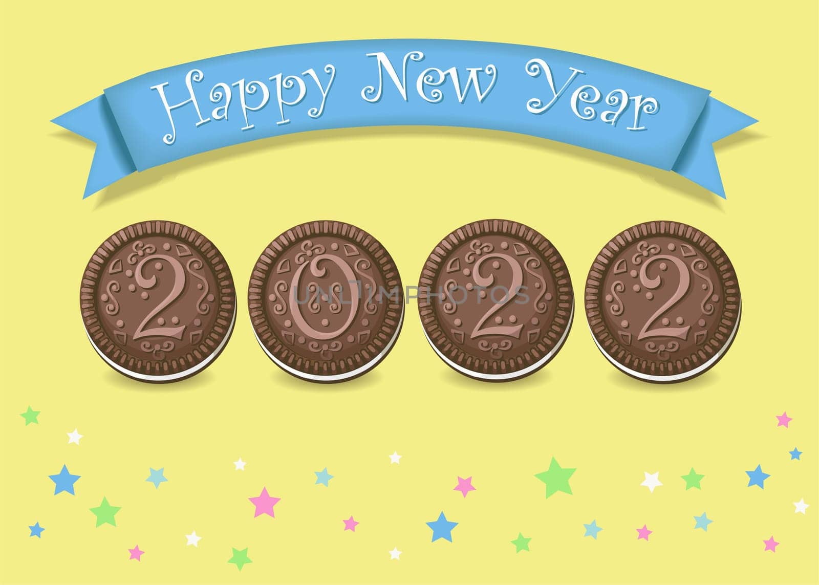 Happy New Year 2022. Artistic brown number as chocolate cookies with white cream. Yellow background with stars. Blue banner with white text. Illustration