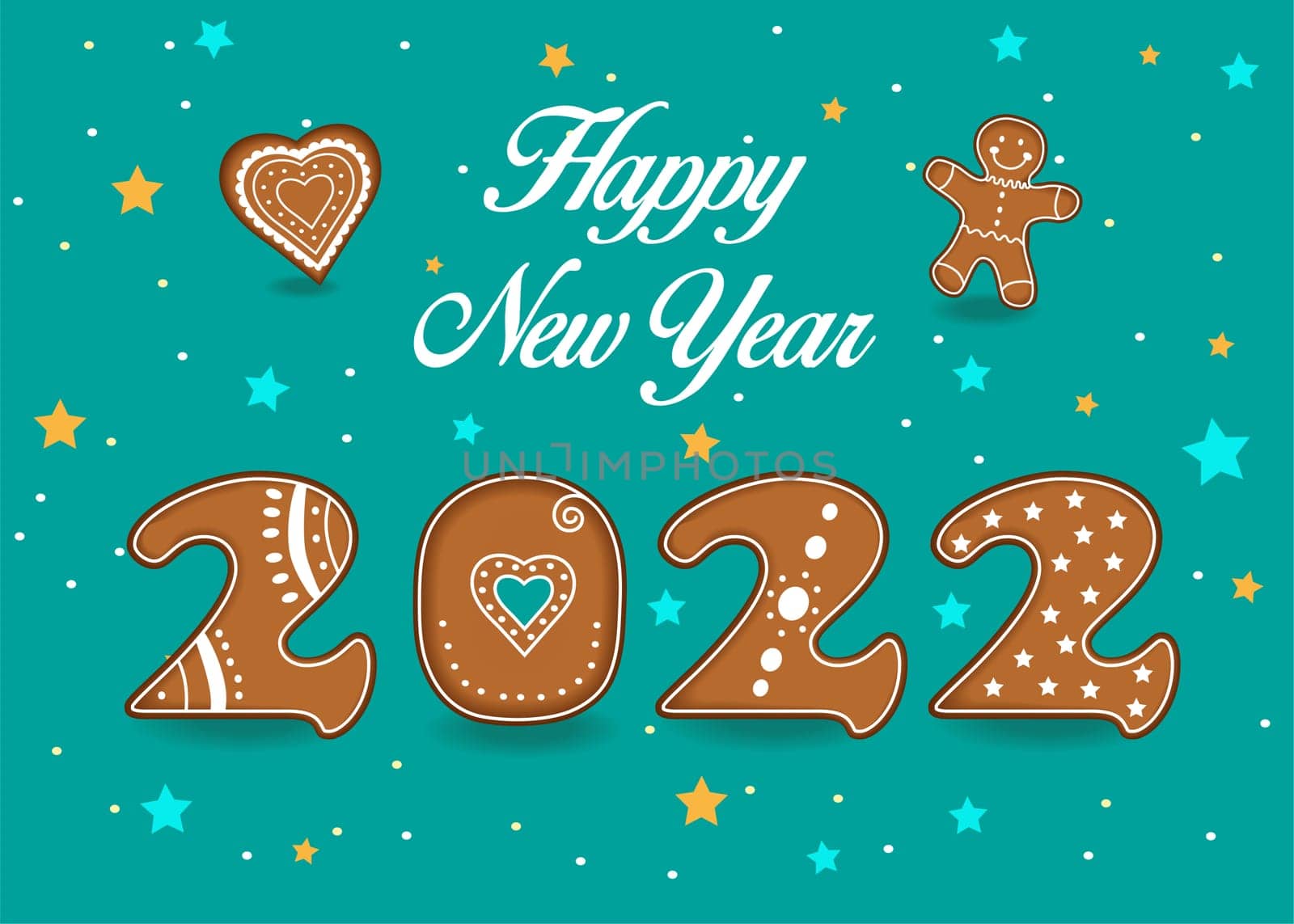 Happy New Year 2022. Artistic brown alphabet as gingerbreads with white cream decor. Green background with stars and confetti. Heart and Ginger man. Illustration