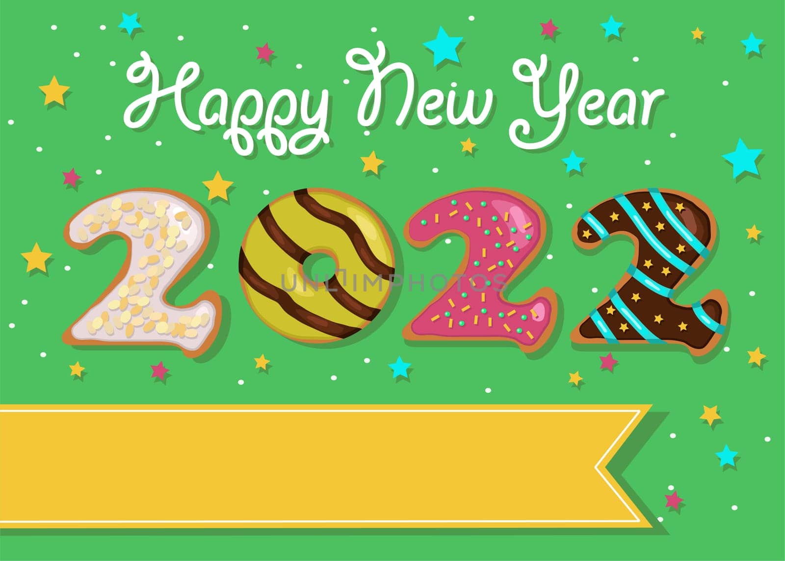 Happy New Year 2022. Colorful number as sweet donuts with cream and nuts decor. Background with stars and confetti. Banner for custom text. Cream text - Happy New Year. Illustration