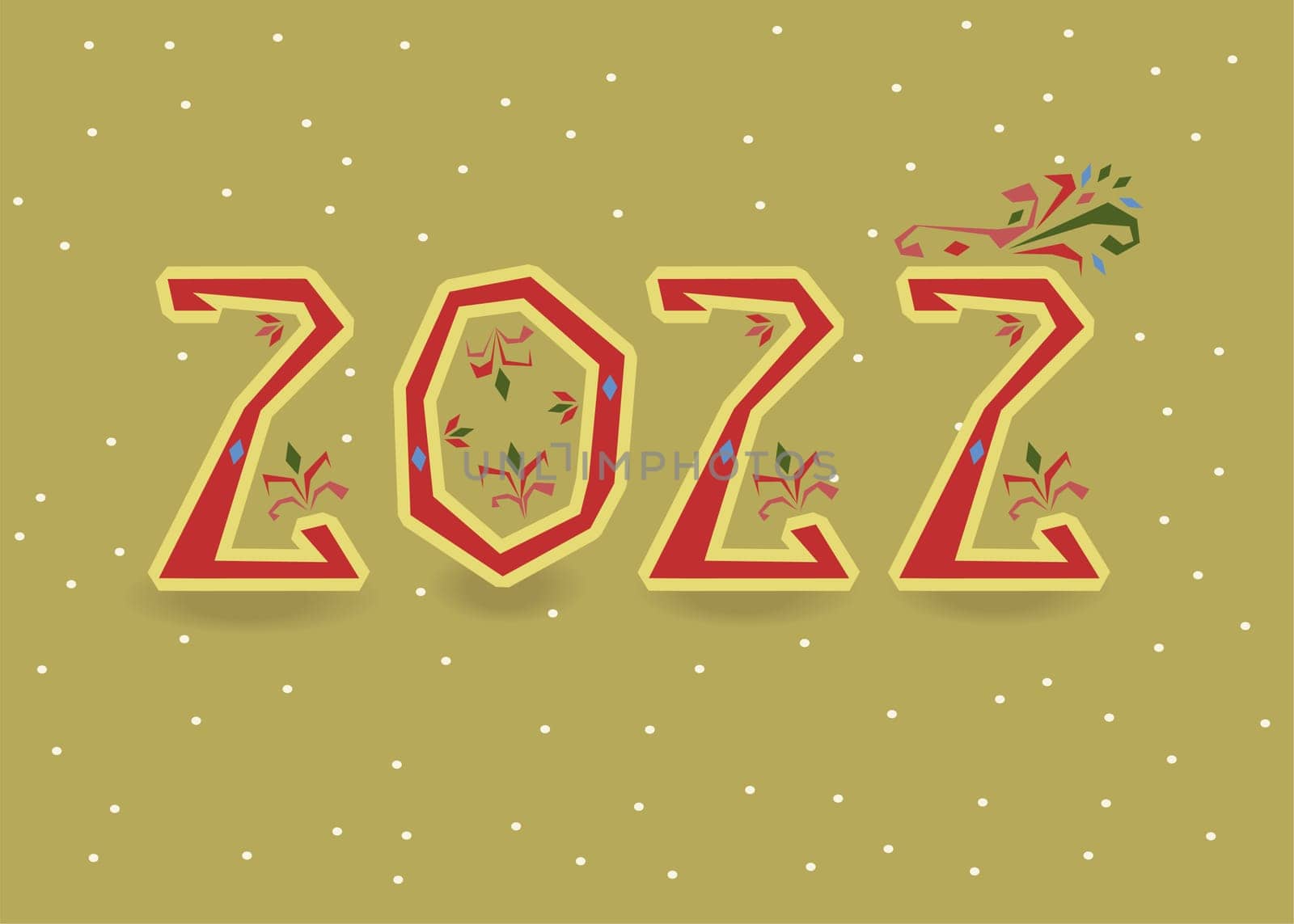 New Year 2022. Artistic red number with folk floral decor. Yellow background with snowfall. Illustration