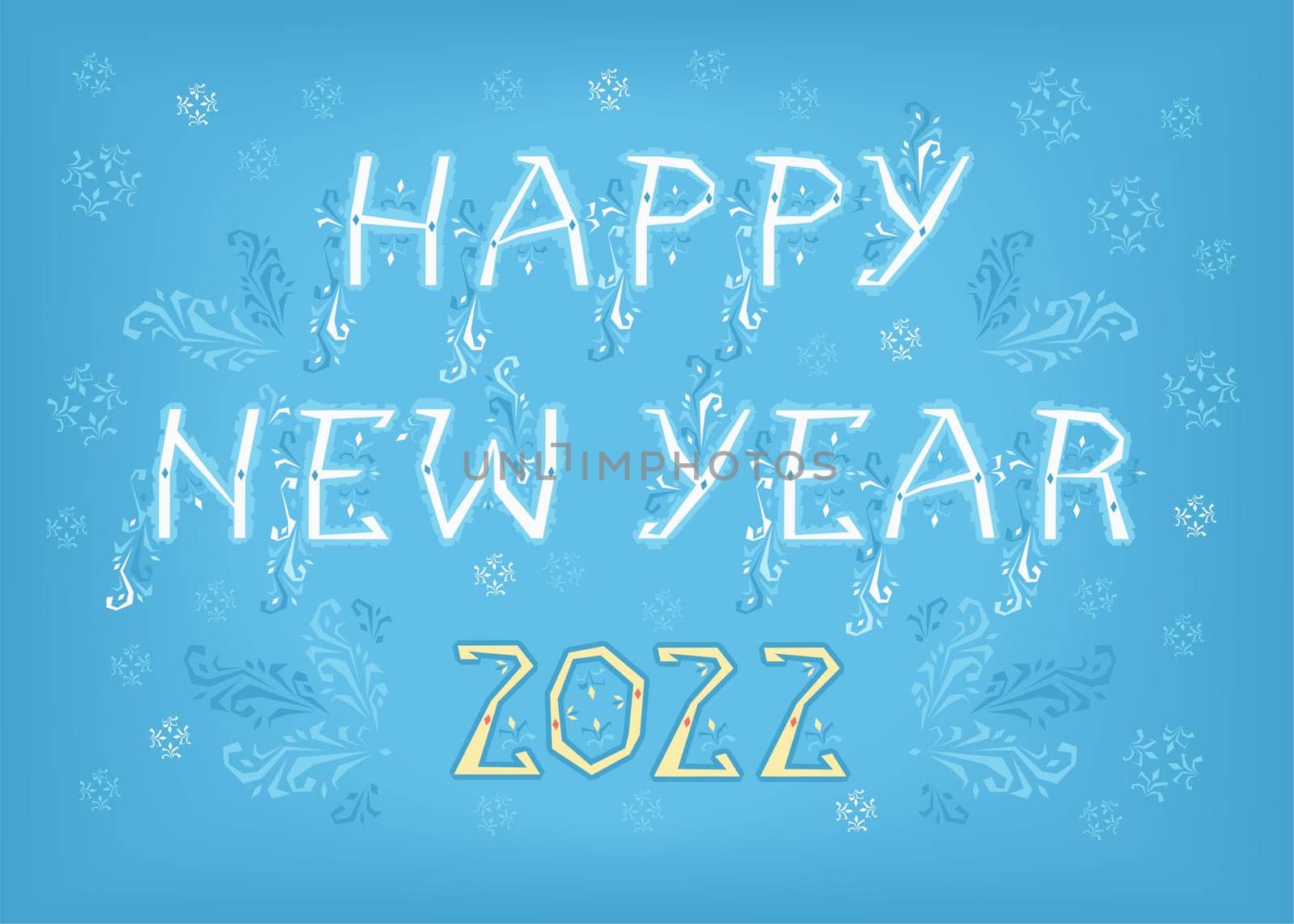 Happy New Year 2022. Artistic font with folk botanical decor. Folk Greeting Card. Illustration