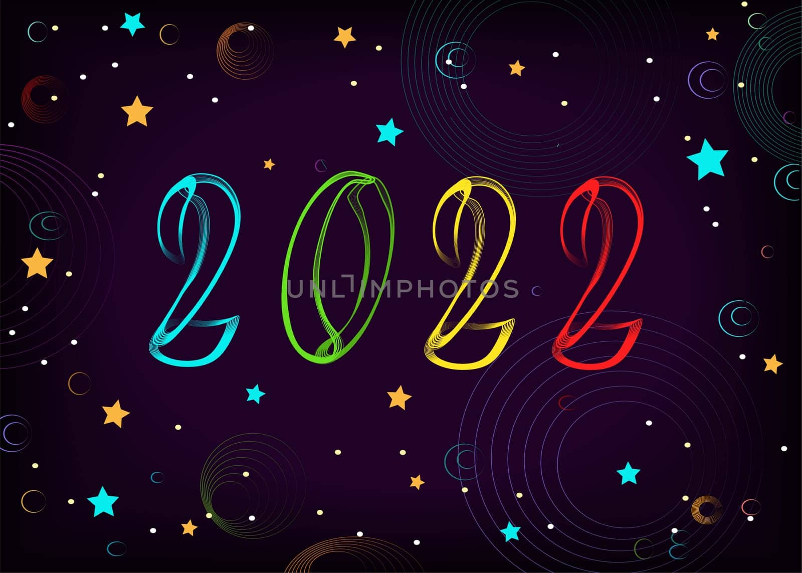 New Year colorful number 2022 with neon effect. Dark blue background is as a night sky with stars and planets. Illustration