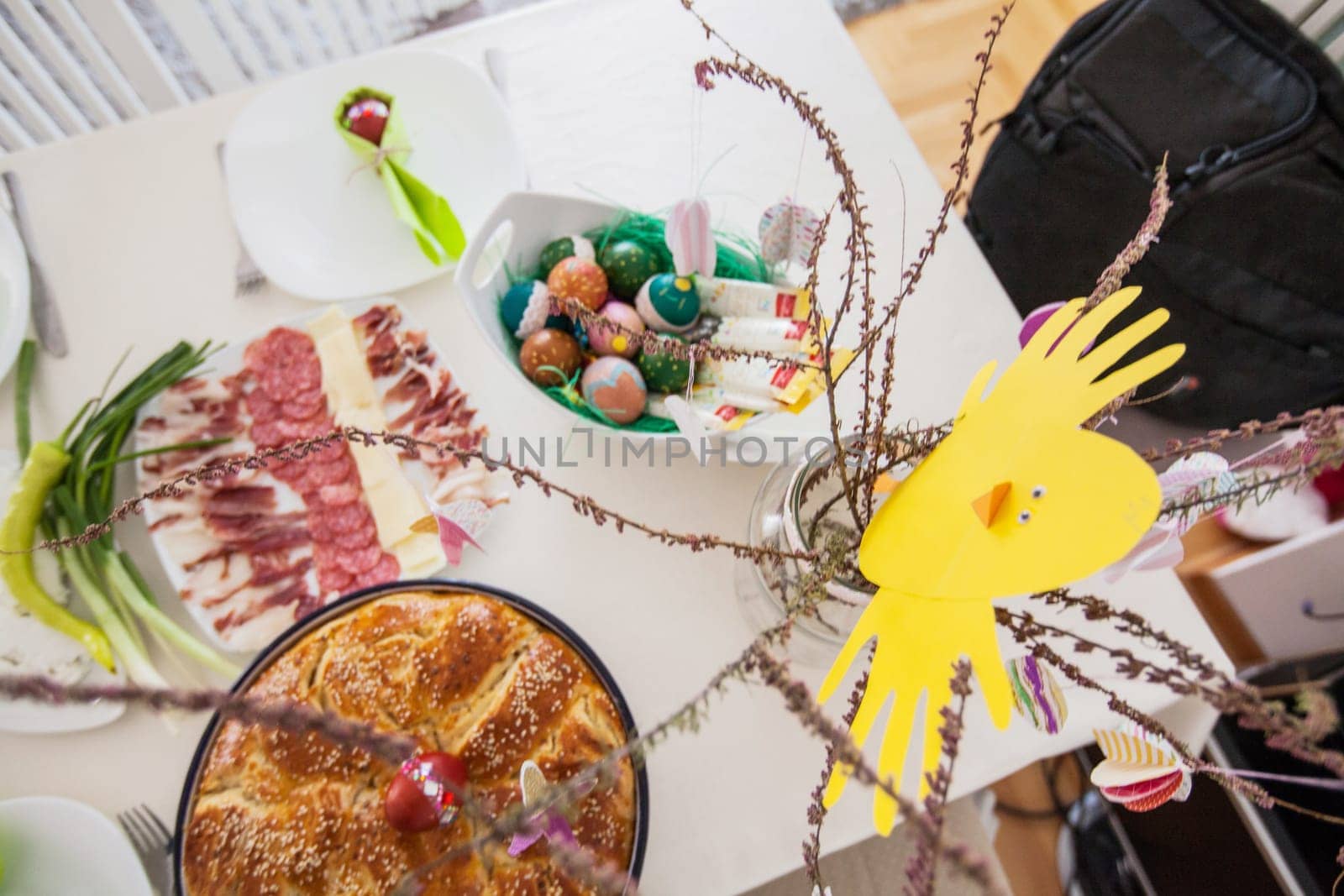 Traditional food serving on table,   Eastern orthodox Easter day at home.