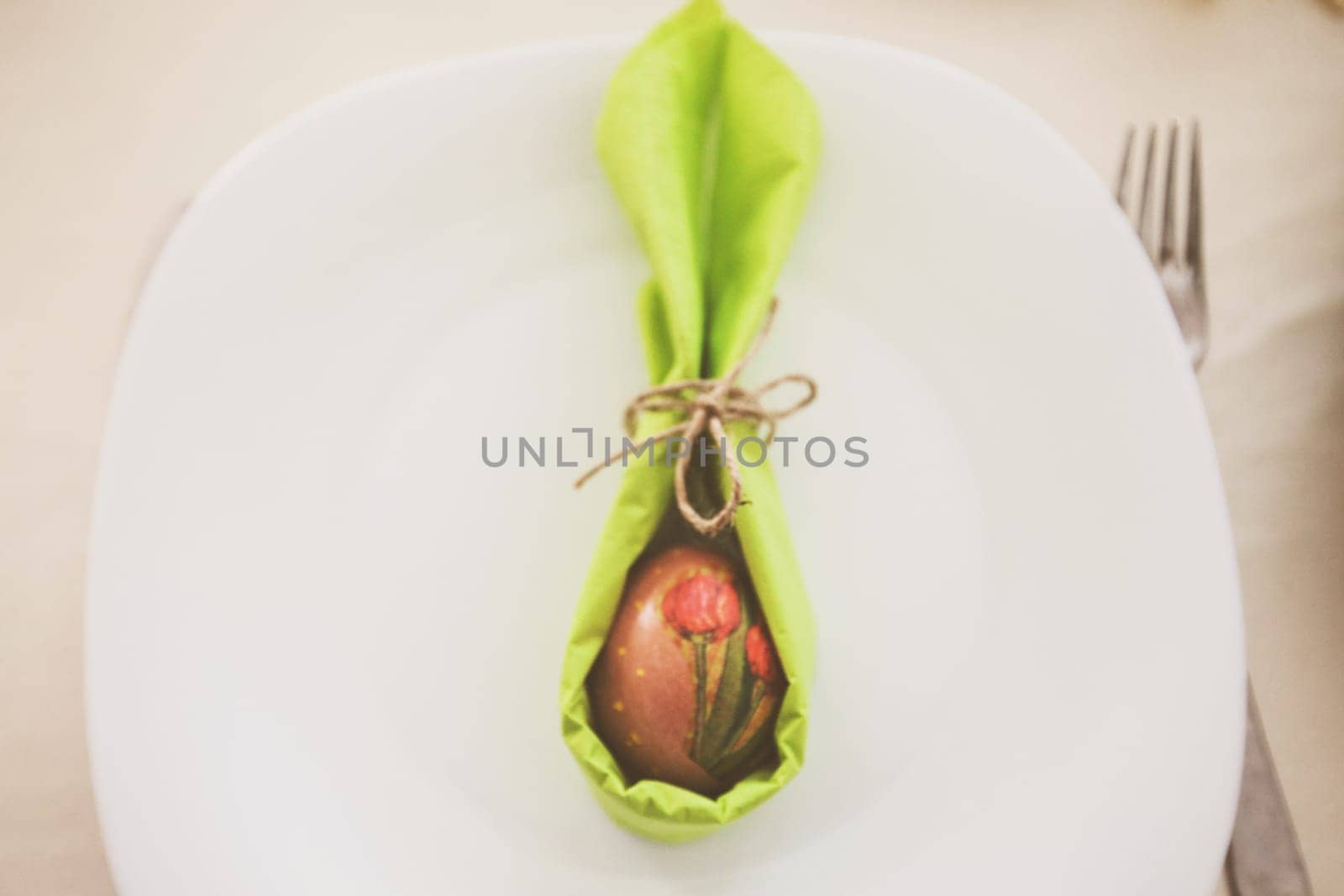 Easter eggs , traditional colorful eggs, Symbol of Eastern Orthodox Easter Day, table setting at home
