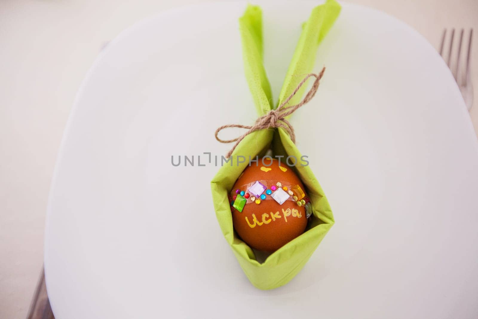 Easter eggs , traditional colorful eggs, Symbol of Eastern Orthodox Easter Day, table setting at home