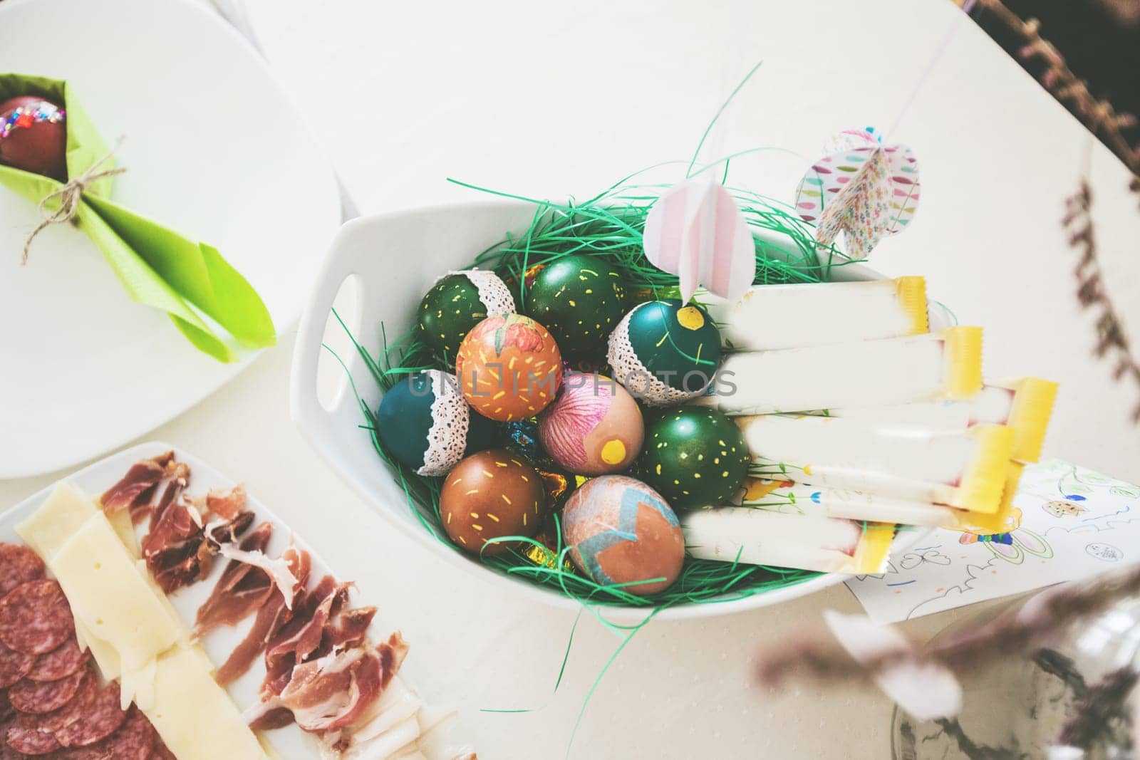 Easter eggs , traditional colorful eggs, Symbol of Eastern Orthodox Easter Day, table setting at home