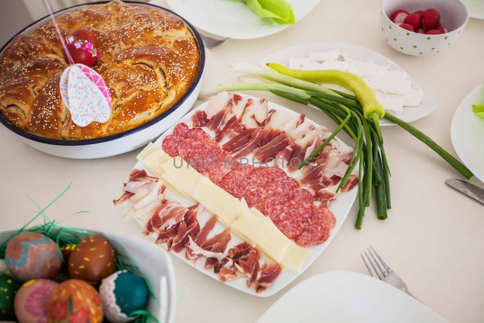 Traditional food serving on table,   Eastern orthodox Easter day at home.