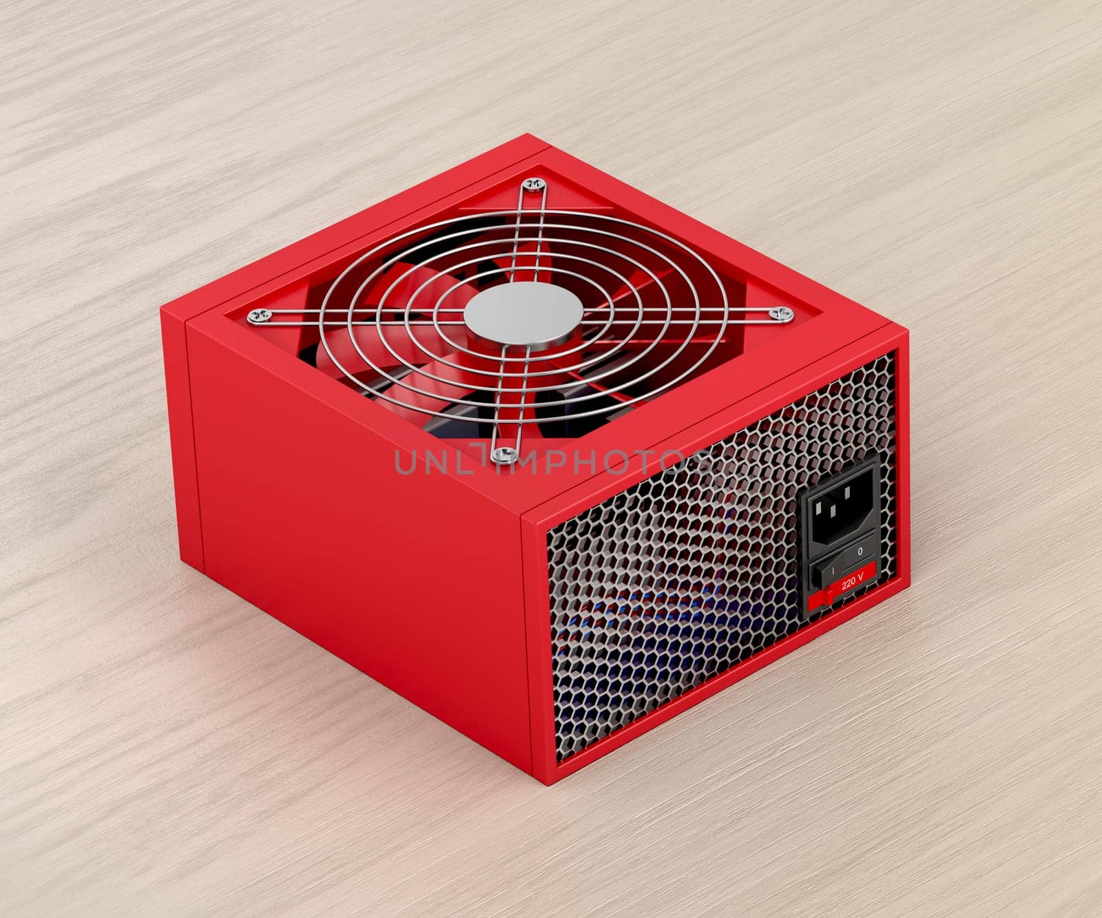 Red power supply unit (PSU) for computer on wooden desk