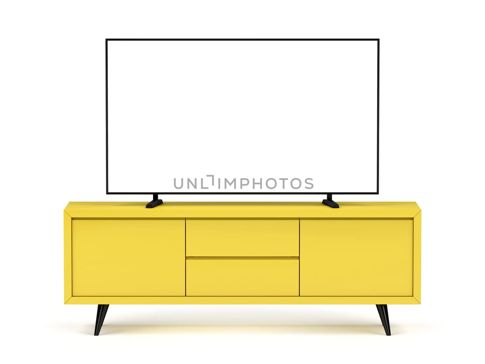 Front view of tv cabinet with flat screen tv on white background