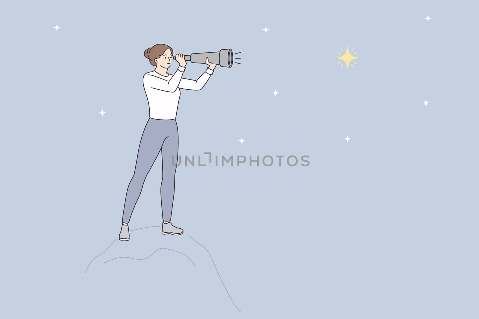 Looking at stars with binoculars concept. Young woman cartoon character standing looking at stars on sky through binoculars vector illustration