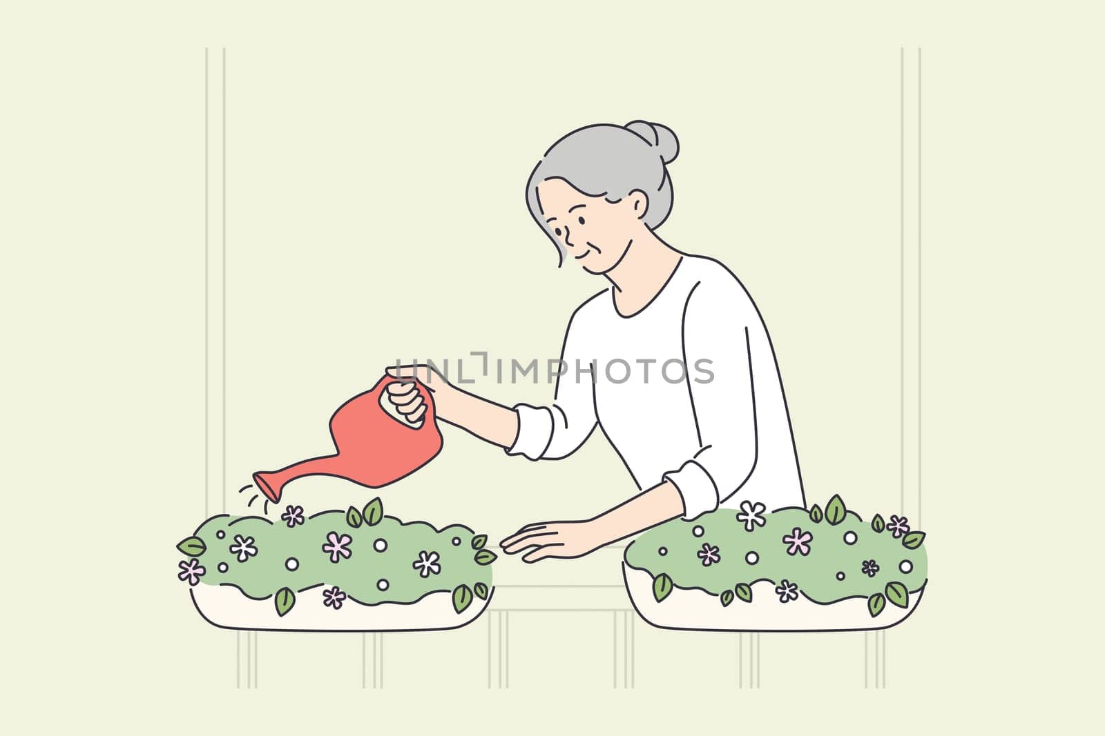 Elderly people happy lifestyle concept. Smiling old mature elderly woman grandmother standing watering flowers in pots on balcony vector illustration