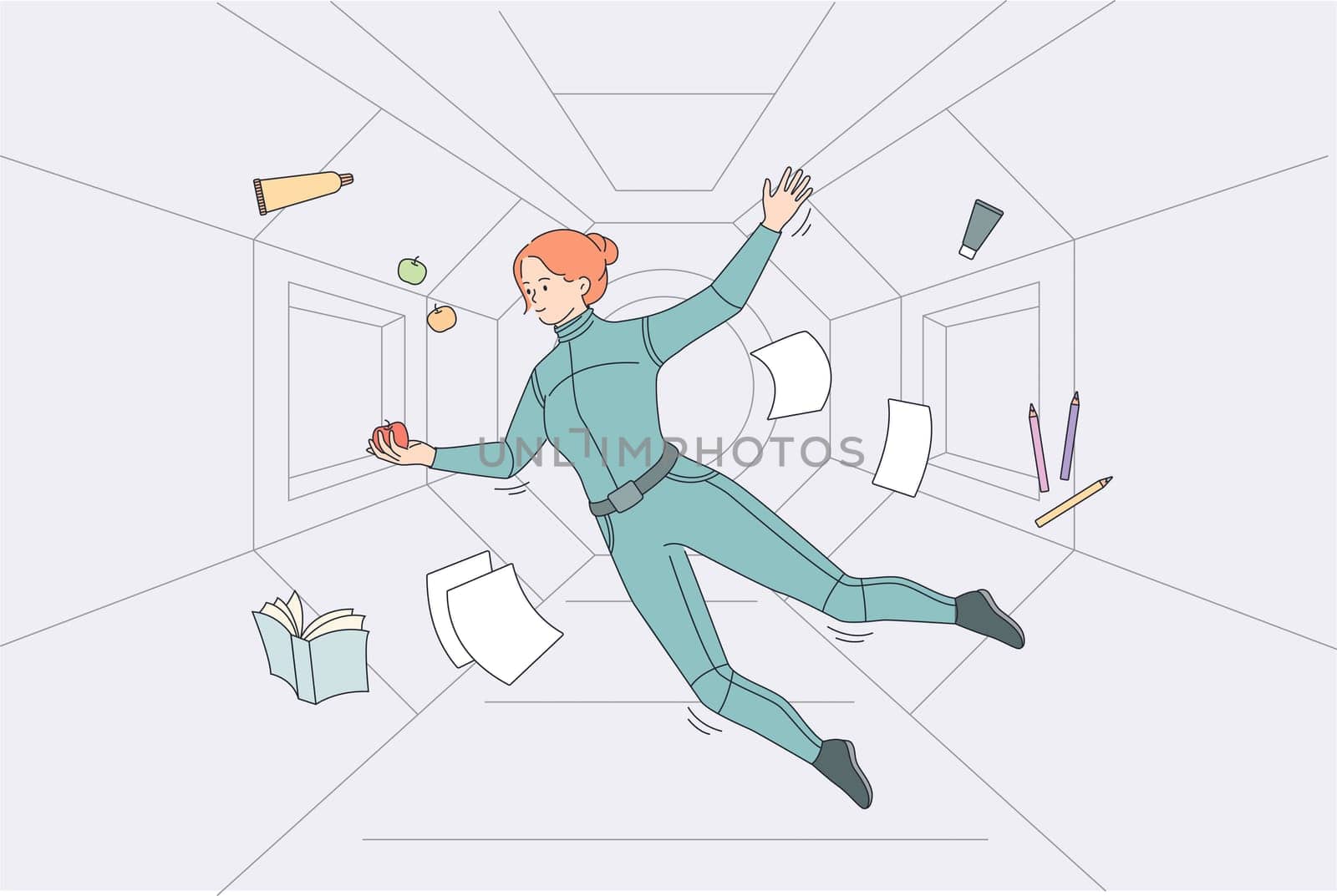 Levitation and flying in space concept. Young woman spaceman cosmonaut in suit flying levitating in spaceship catching apples vector illustration