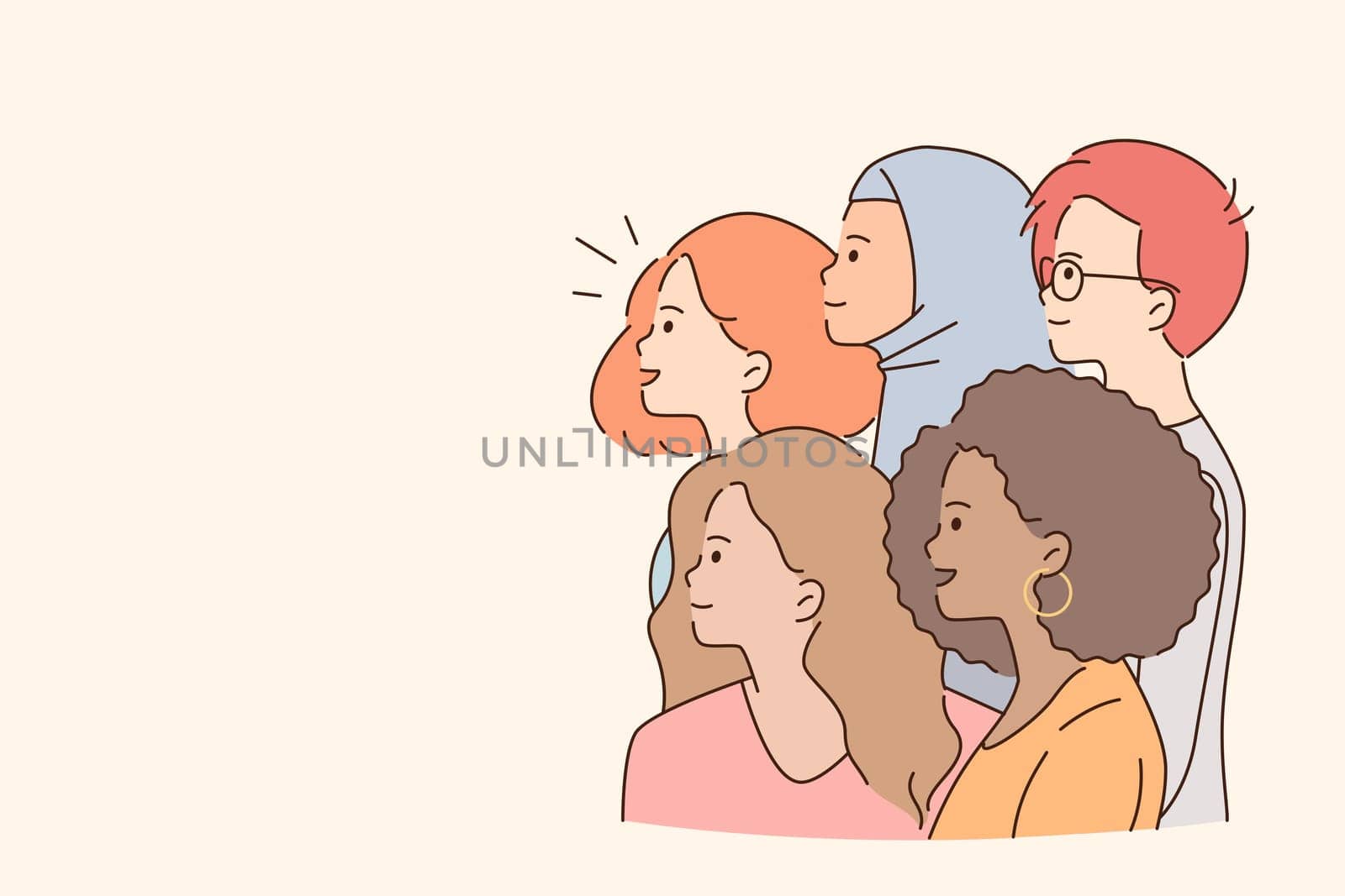 Mixed race group attention concept. Group of multi ethnic people girls and boys standing and looking away over light background, copy pace, vector illustration