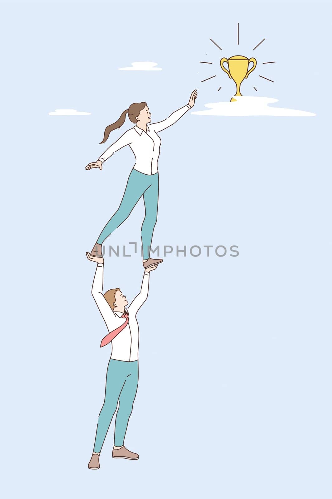 Teamwork, business achievement and success concept. Young smiling businessman holding business woman colleague on raised hands reaching for golden trophy meaning success and achievement