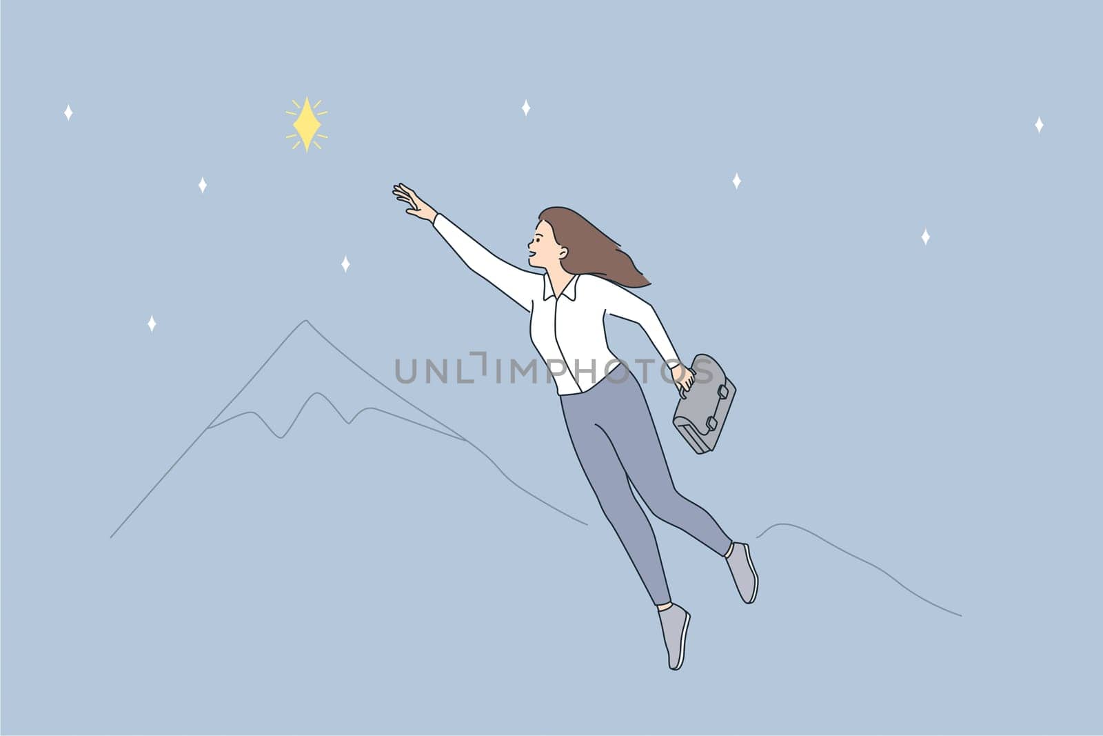 Opportunities and business leadership concept. Young smiling business woman cartoon character flying up going to reach star flying in air vector illustration