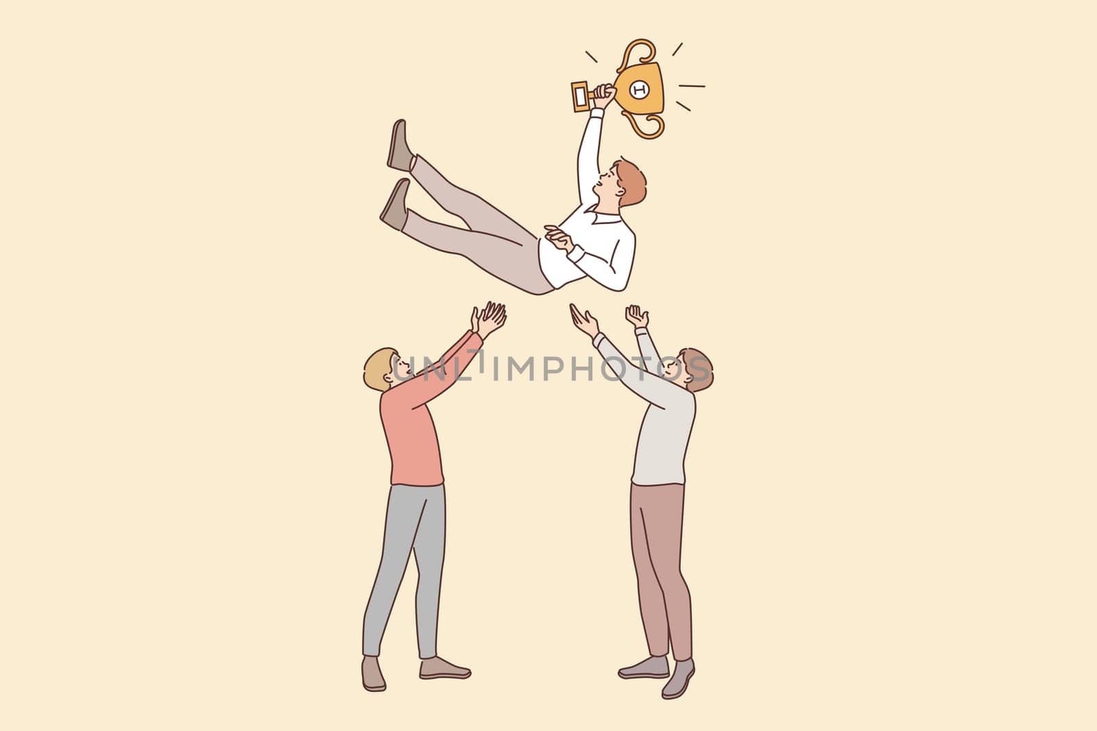 Business success, leadership, teamwork concept. Two smiling businessmen cartoon characters standing putting on air winner businessman successful leader flying in air vector illustration