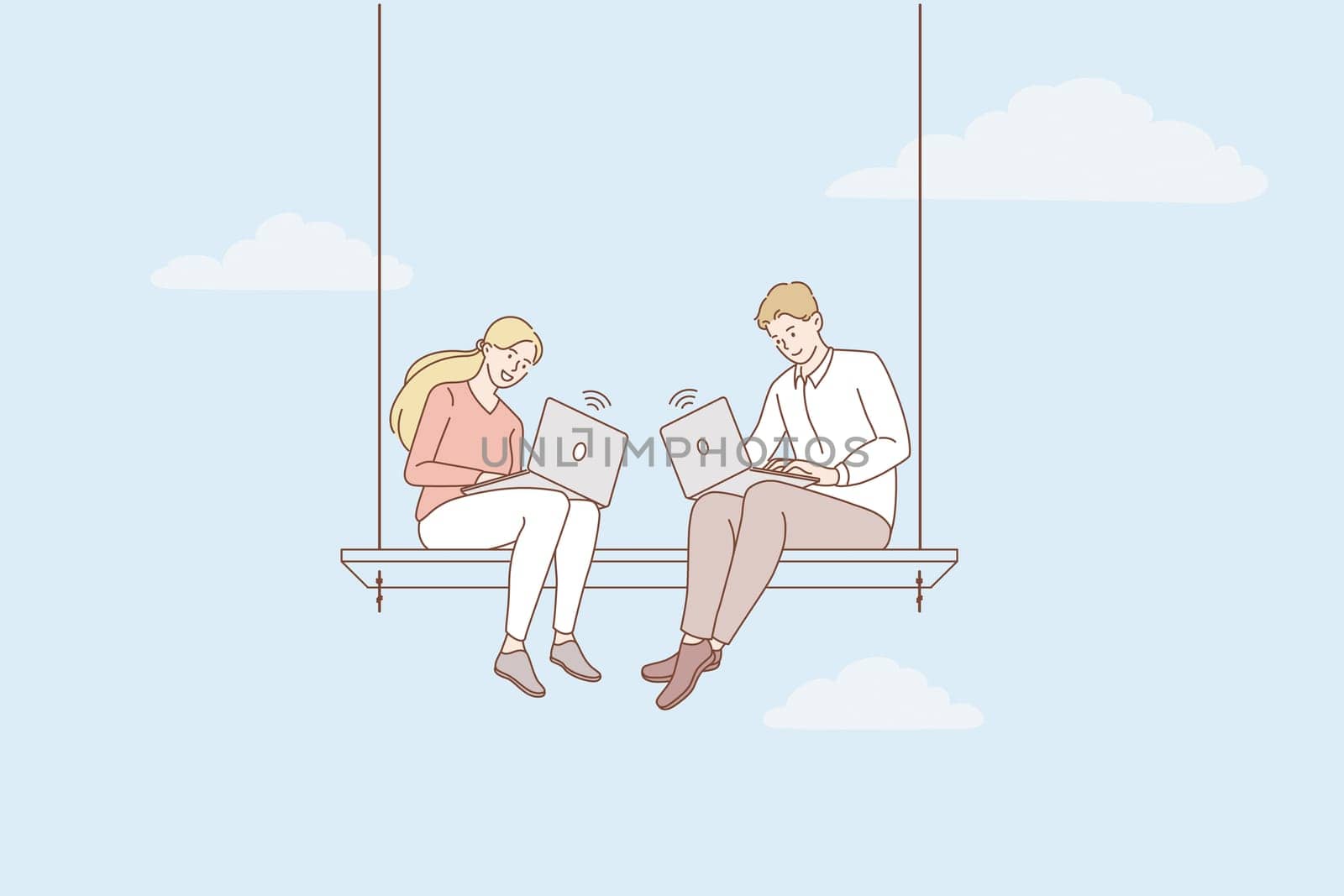 Freelancers working and remote work concept. Young smiling man and woman workers sitting on swings working on laptops feeling free positive vector illustration