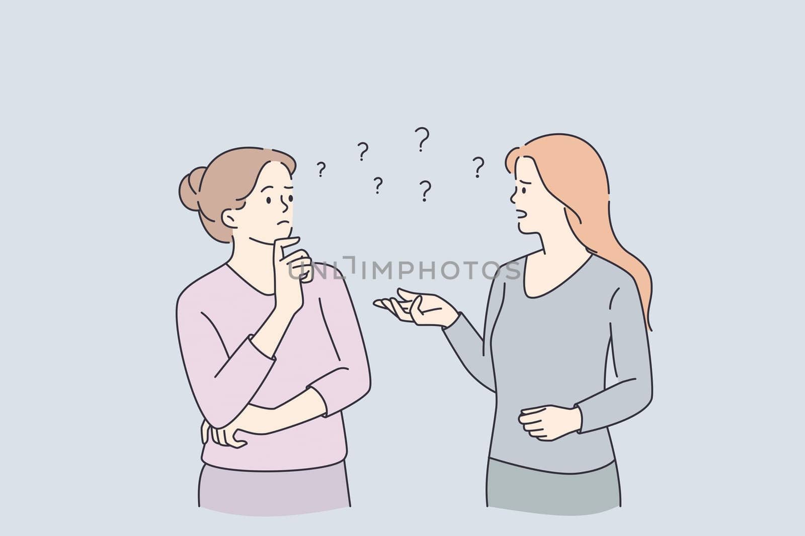 Communication, feeling doubt and uncertain. Two young women standing communicating chatting one on them feeling doubt frustrated vector illustration