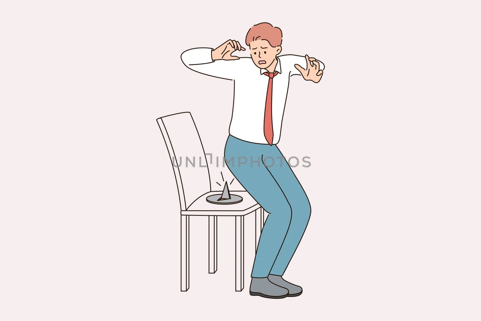 Deadlines and stress in business concept. Young stressed frustrated businessman looking with panic at chair with push button on it vector illustration