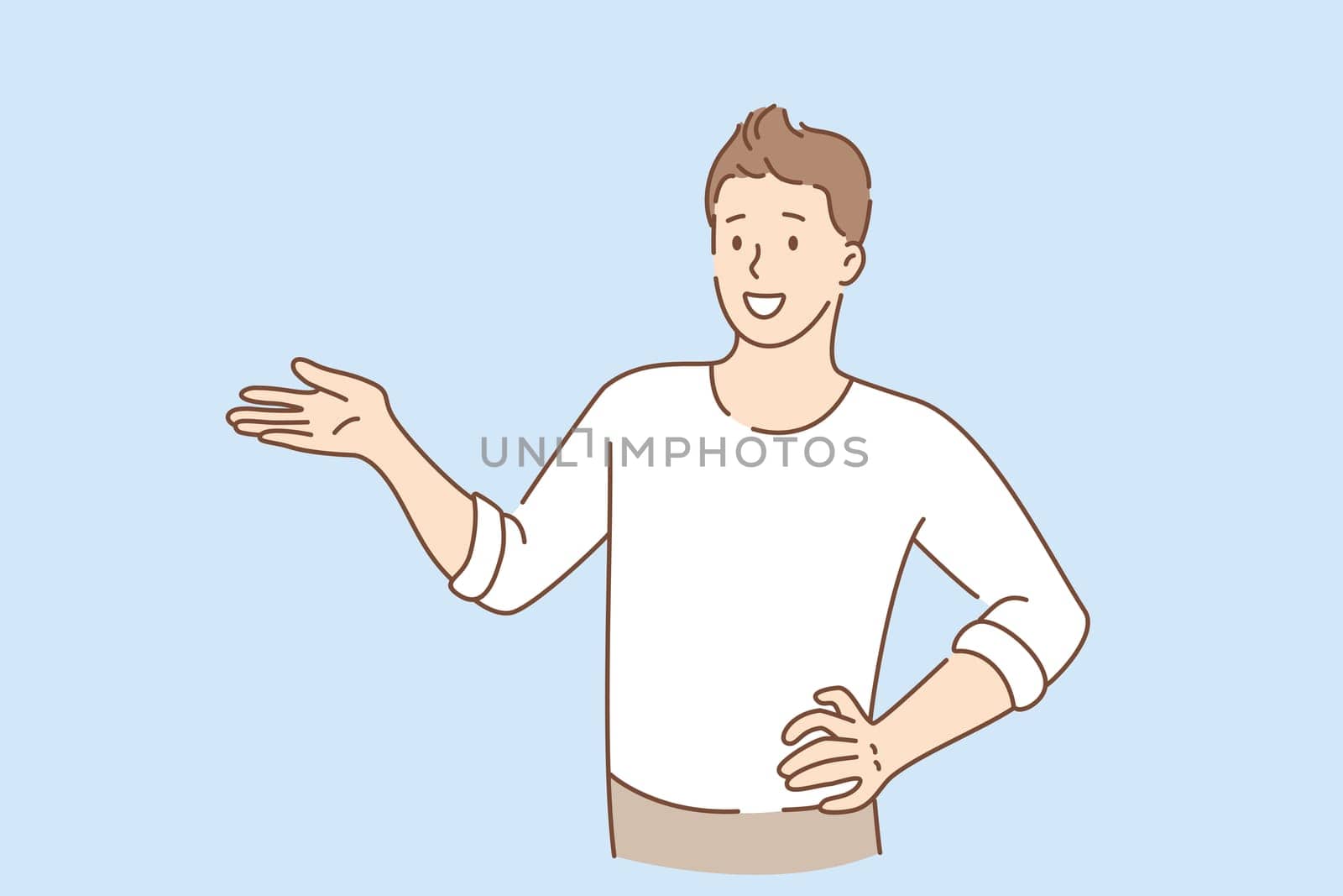 Hand language and gesticulating concept. Young smiling man cartoon character standing gesticulating pointing aside with hand vector illustration