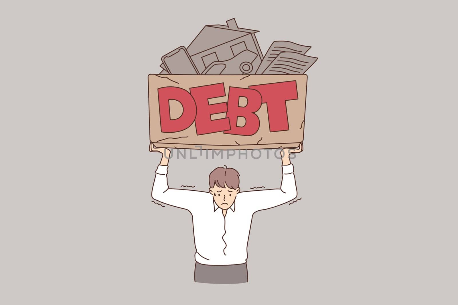 Financial crisis and debt concept. Young frustrated stressed businessman standing holding box with debt sign on it loans property credits inside vector illustration